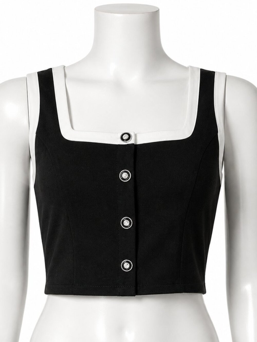 NWT ASTR Rory Crop Button-Up Tank Contrast Trim Square Neck Top Large